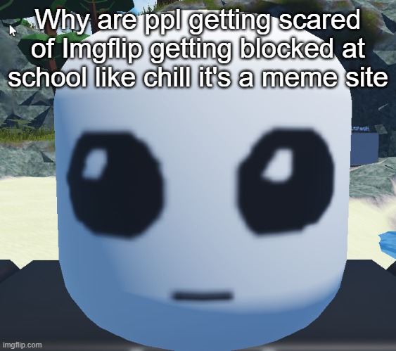 TBH creature Roblox | Why are ppl getting scared of Imgflip getting blocked at school like chill it's a meme site | image tagged in tbh creature roblox | made w/ Imgflip meme maker