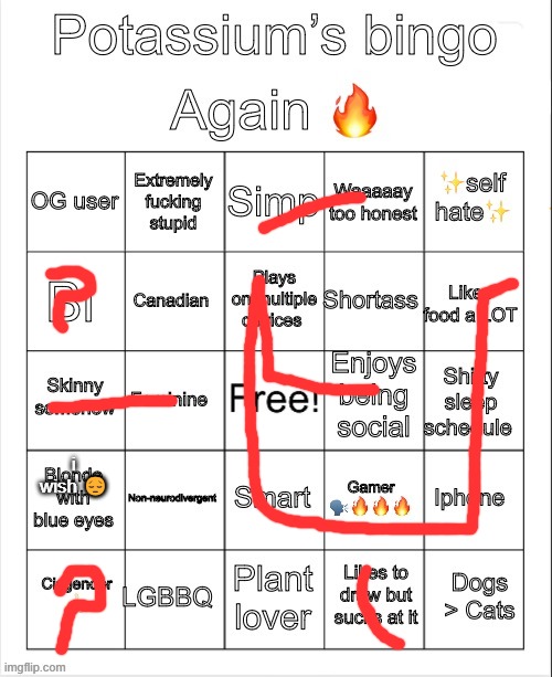 Potassium Bingo V4 | i wish 😔 | image tagged in potassium bingo v4 | made w/ Imgflip meme maker