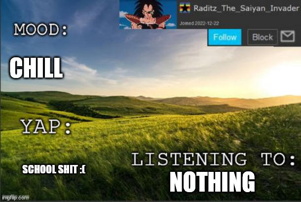 temp raditz | CHILL; NOTHING; SCHOOL SHIT :( | image tagged in temp raditz | made w/ Imgflip meme maker