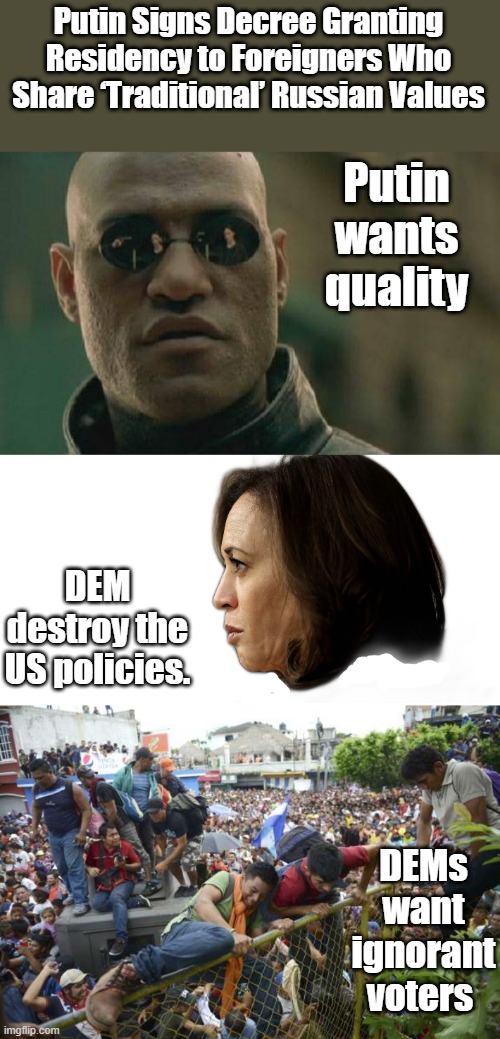 Its the truth, & you know it. | Putin Signs Decree Granting Residency to Foreigners Who Share ‘Traditional’ Russian Values; Putin wants quality; DEM destroy the US policies. DEMs want ignorant voters | image tagged in memes,matrix morpheus,kamala head | made w/ Imgflip meme maker