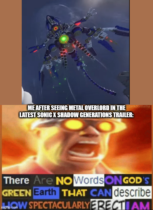 there are no words on god's green earth | ME AFTER SEEING METAL OVERLORD IN THE LATEST SONIC X SHADOW GENERATIONS TRAILER: | image tagged in there are no words on god's green earth,sonic the hedgehog | made w/ Imgflip meme maker