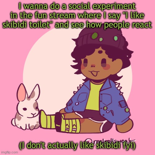 First (and maybe last) post here (Freaky: Welp, good luck my fellow follower) | I wanna do a social experiment in the fun stream where I say "I like skibidi toilet" and see how people react; (I don't actually like skibidi fyi) | image tagged in silly_dip | made w/ Imgflip meme maker