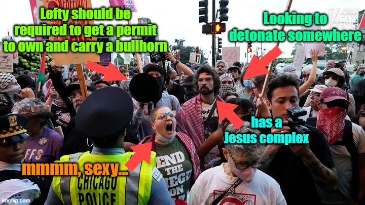 Those making up the mob | Looking to detonate somewhere; Lefty should be required to get a permit to own and carry a bullhorn; has a Jesus complex; mmmm, sexy... | image tagged in trump,maga,kamala harris,election 2024,protestors | made w/ Imgflip meme maker