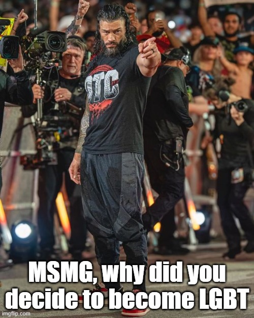 Why are you so gay nowdays | MSMG, why did you decide to become LGBT | image tagged in roman reigns pointing | made w/ Imgflip meme maker