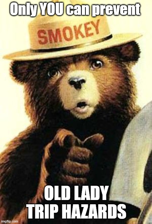 Old Lady Trip Hazzard | Only YOU can prevent; OLD LADY TRIP HAZARDS | image tagged in smokey the bear | made w/ Imgflip meme maker