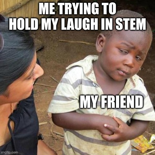 school started story time | ME TRYING TO HOLD MY LAUGH IN STEM; MY FRIEND | image tagged in memes,third world skeptical kid,mr bean smirk | made w/ Imgflip meme maker