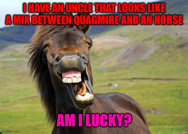 smile for the camera | I HAVE AN UNCLE THAT LOOKS LIKE A MIX BETWEEN QUAGMIRE AND AN HORSE; AM I LUCKY? | image tagged in smile for the camera | made w/ Imgflip meme maker