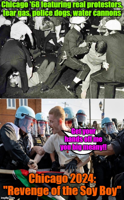 Modern protesters | Chicago '68 featuring real protestors, tear gas, police dogs, water cannons; Get your hands off me you big meany!! Chicago 2024: "Revenge of the Soy Boy" | image tagged in trump,maga,kamala harris,election 2024,protesters | made w/ Imgflip meme maker