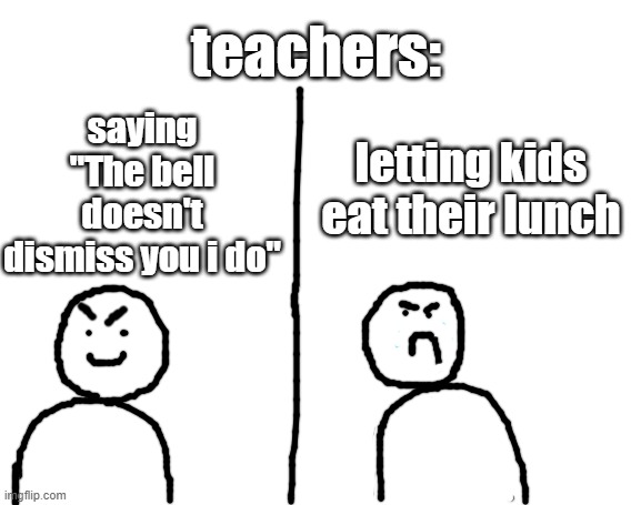 angri | teachers:; letting kids eat their lunch; saying "The bell doesn't dismiss you i do" | image tagged in angri,school,memes,wow look nothing | made w/ Imgflip meme maker