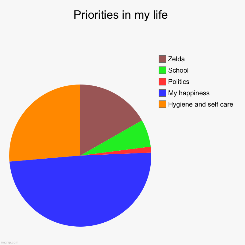 W or L? | Priorities in my life | Hygiene and self care, My happiness, Politics, School, Zelda | image tagged in charts,pie charts | made w/ Imgflip chart maker