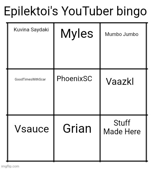 Epilektoi's YouTuber bingo | image tagged in epilektoi's youtuber bingo | made w/ Imgflip meme maker
