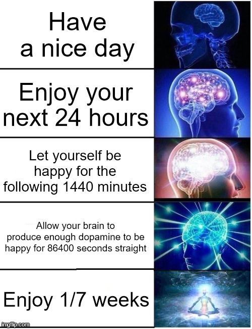 Have a nice day, 24 hours, 1440 minutes, etc. everyone | Have a nice day; Enjoy your next 24 hours; Let yourself be happy for the following 1440 minutes; Allow your brain to produce enough dopamine to be happy for 86400 seconds straight; Enjoy 1/7 weeks | image tagged in expanding brain 5 panel,have a nice day | made w/ Imgflip meme maker