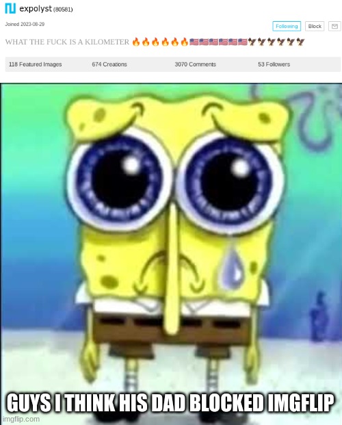 GUYS I THINK HIS DAD BLOCKED IMGFLIP | image tagged in sad spongebob | made w/ Imgflip meme maker