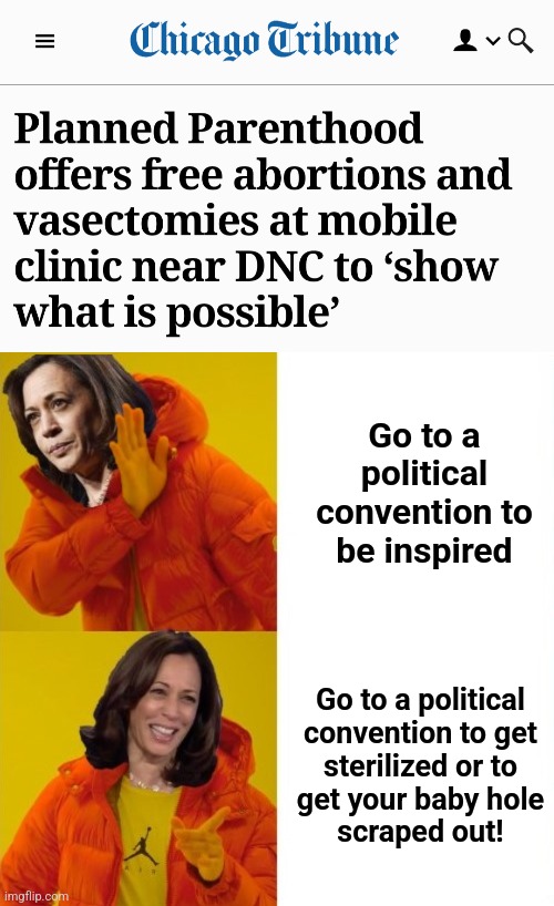 What is possible: fewer moonbats in the world! | Go to a political
convention to
be inspired; Go to a political
convention to get
sterilized or to
get your baby hole
scraped out! | image tagged in kamala harris hotline bling,memes,democrat national convention,abortions,vasectomies,democrats | made w/ Imgflip meme maker