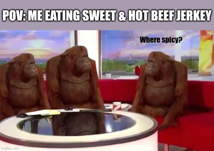 Not even spicy :( | POV: ME EATING SWEET & HOT BEEF JERKEY; Where spicy? | image tagged in where monkey | made w/ Imgflip meme maker