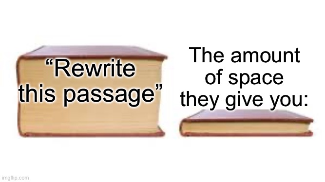 They give you like 3 small lines for a whole story | The amount of space they give you:; “Rewrite this passage” | image tagged in big book small book,school | made w/ Imgflip meme maker