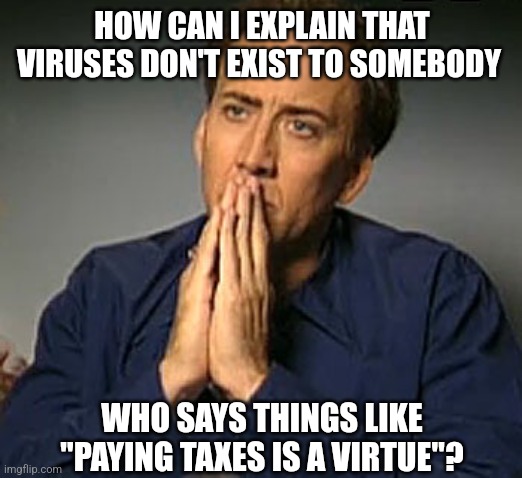 How to explain | HOW CAN I EXPLAIN THAT VIRUSES DON'T EXIST TO SOMEBODY; WHO SAYS THINGS LIKE "PAYING TAXES IS A VIRTUE"? | image tagged in nic cage's 'contemplating' face,viruses,virtue,taxes | made w/ Imgflip meme maker