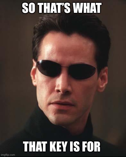 Neo Matrix Keanu Reeves | SO THAT’S WHAT THAT KEY IS FOR | image tagged in neo matrix keanu reeves | made w/ Imgflip meme maker