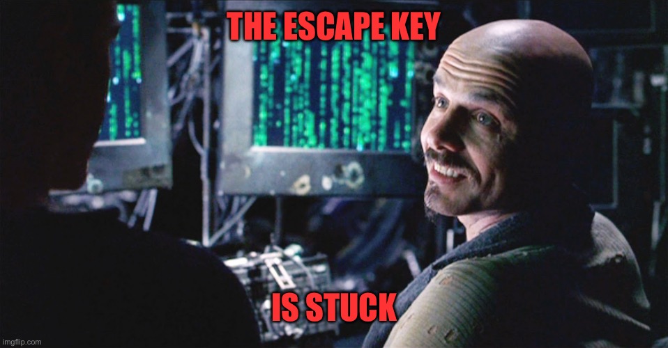 I don't even see the code anymore - Matrix | THE ESCAPE KEY IS STUCK | image tagged in i don't even see the code anymore - matrix | made w/ Imgflip meme maker