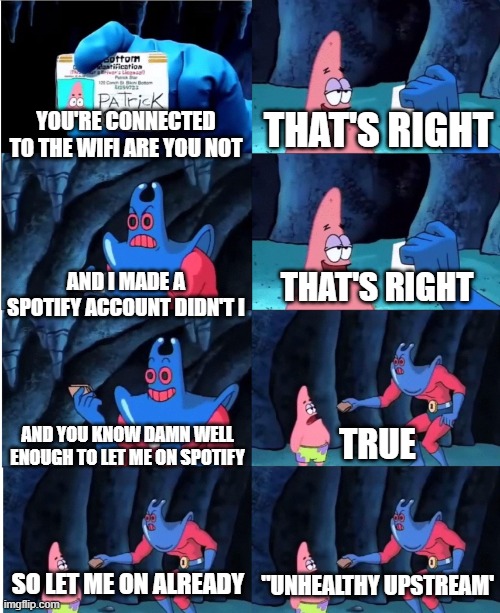 God my computer's being such a complete asshole right now | YOU'RE CONNECTED TO THE WIFI ARE YOU NOT; THAT'S RIGHT; AND I MADE A SPOTIFY ACCOUNT DIDN'T I; THAT'S RIGHT; AND YOU KNOW DAMN WELL ENOUGH TO LET ME ON SPOTIFY; TRUE; SO LET ME ON ALREADY; "UNHEALTHY UPSTREAM' | image tagged in man ray,memes,patrick star,patrick,wifi,spotify | made w/ Imgflip meme maker