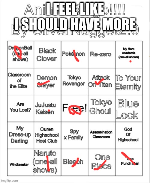 Anime Bingo | I FEEL LIKE I SHOULD HAVE MORE | image tagged in anime bingo | made w/ Imgflip meme maker