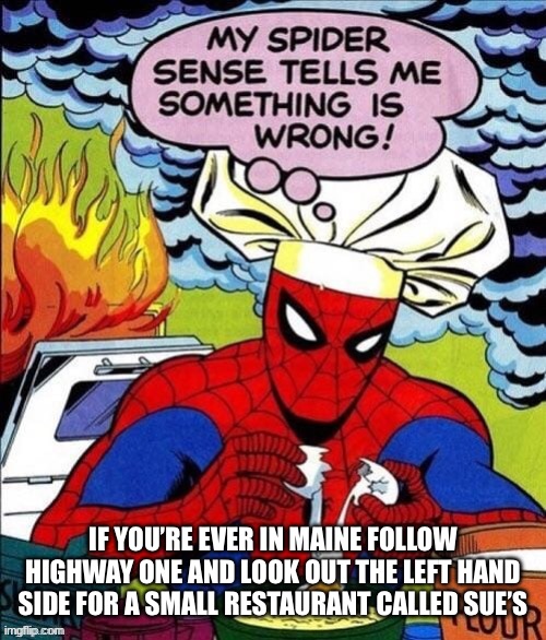 Fire | IF YOU’RE EVER IN MAINE FOLLOW HIGHWAY ONE AND LOOK OUT THE LEFT HAND SIDE FOR A SMALL RESTAURANT CALLED SUE’S | image tagged in fire | made w/ Imgflip meme maker