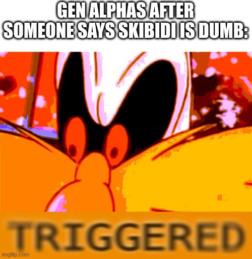 Triggered Robotnik | GEN ALPHAS AFTER SOMEONE SAYS SKIBIDI IS DUMB: | image tagged in triggered robotnik | made w/ Imgflip meme maker