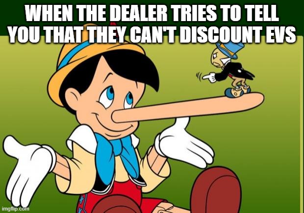 Liar | WHEN THE DEALER TRIES TO TELL YOU THAT THEY CAN'T DISCOUNT EVS | image tagged in liar | made w/ Imgflip meme maker
