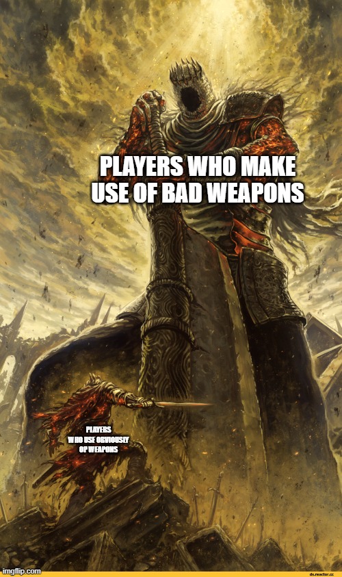 Giant vs man | PLAYERS WHO MAKE USE OF BAD WEAPONS; PLAYERS WHO USE OBVIOUSLY OP WEAPONS | image tagged in giant vs man,tf2,team fortress 2,player,games,gaming | made w/ Imgflip meme maker