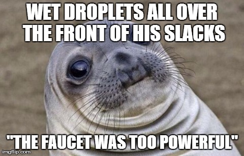 Awkward Moment Sealion | WET DROPLETS ALL OVER THE FRONT OF HIS SLACKS "THE FAUCET WAS TOO POWERFUL" | image tagged in memes,awkward moment sealion,AdviceAnimals | made w/ Imgflip meme maker