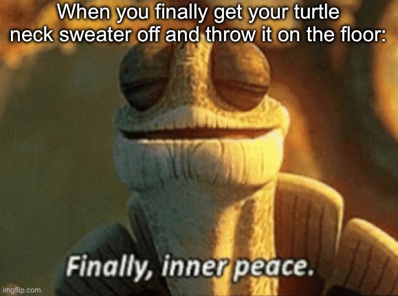 Finally, inner peace. | When you finally get your turtle neck sweater off and throw it on the floor: | image tagged in finally inner peace | made w/ Imgflip meme maker