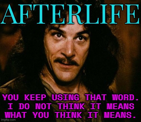 Afterlife; You Keep Using That Word. I Do Not Think It Means What You Think It Means. | AFTERLIFE; YOU KEEP USING THAT WORD.
I DO NOT THINK IT MEANS
WHAT YOU THINK IT MEANS. | image tagged in you keep using that word,religion,anti-religion,god religion universe,death,life | made w/ Imgflip meme maker