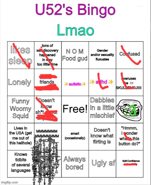 U52's Bingo | image tagged in u52's bingo | made w/ Imgflip meme maker