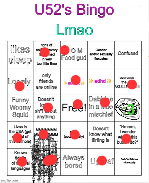 U52's Bingo | image tagged in u52's bingo | made w/ Imgflip meme maker