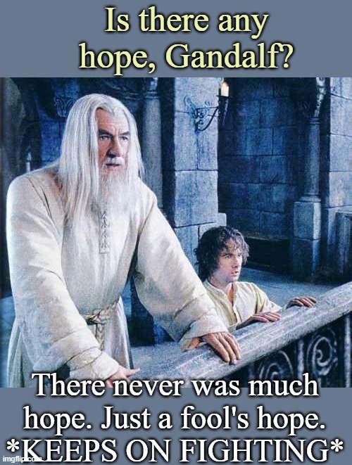 Is there any hope, Gandalf? There never was much hope. Just a fool's hope.
*KEEPS ON FIGHTING* | made w/ Imgflip meme maker