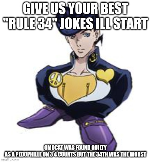 shoesuke | GIVE US YOUR BEST "RULE 34" JOKES ILL START; OMOCAT WAS FOUND GUILTY AS A PEDOPHILLE ON 3 4 COUNTS BUT THE 34TH WAS THE WORST | image tagged in shoesuke | made w/ Imgflip meme maker