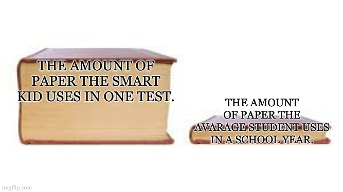 I kinda belong to the first one. | THE AMOUNT OF PAPER THE SMART KID USES IN ONE TEST. THE AMOUNT OF PAPER THE AVARAGE STUDENT USES IN A SCHOOL YEAR. | image tagged in big book small book,school,true | made w/ Imgflip meme maker