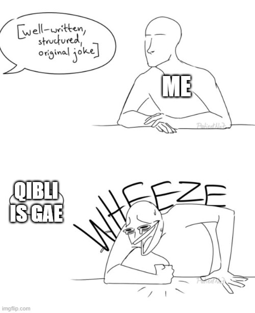 HE IS GAE (Ok, you do you) | ME; QIBLI IS GAE | image tagged in wheeze | made w/ Imgflip meme maker