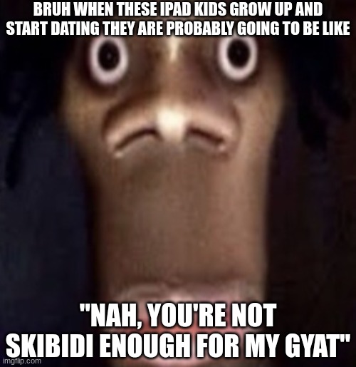 were cooked as a society | BRUH WHEN THESE IPAD KIDS GROW UP AND START DATING THEY ARE PROBABLY GOING TO BE LIKE; "NAH, YOU'RE NOT SKIBIDI ENOUGH FOR MY GYAT" | image tagged in quandale dingle | made w/ Imgflip meme maker