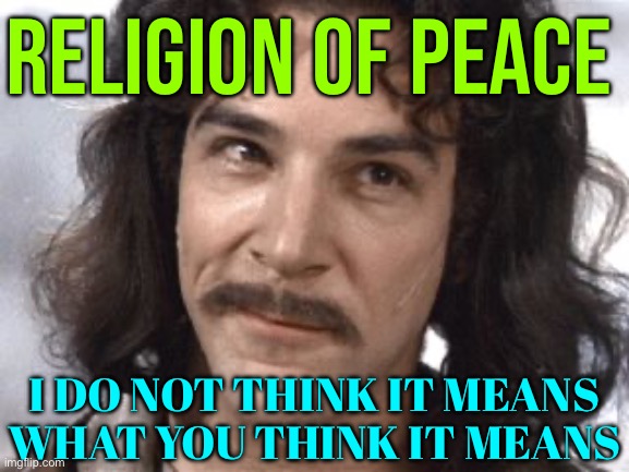 Religion Of Peace; I Do Not Think It Means What You Think It Means | RELIGION OF PEACE; I DO NOT THINK IT MEANS
WHAT YOU THINK IT MEANS | image tagged in i do not think that means what you think it means,islamophobia,islam,religion,abrahamic religions,anti-religion | made w/ Imgflip meme maker