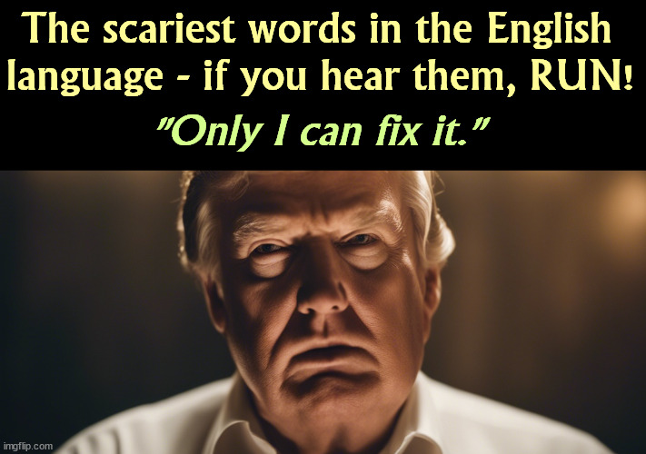 No, he CAN'T! | The scariest words in the English 
language - if you hear them, RUN! "Only I can fix it." | image tagged in scary,words,trump,incompetence,loser | made w/ Imgflip meme maker