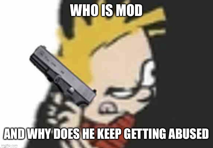 Calvin gun | WHO IS MOD; AND WHY DOES HE KEEP GETTING ABUSED | image tagged in calvin gun | made w/ Imgflip meme maker