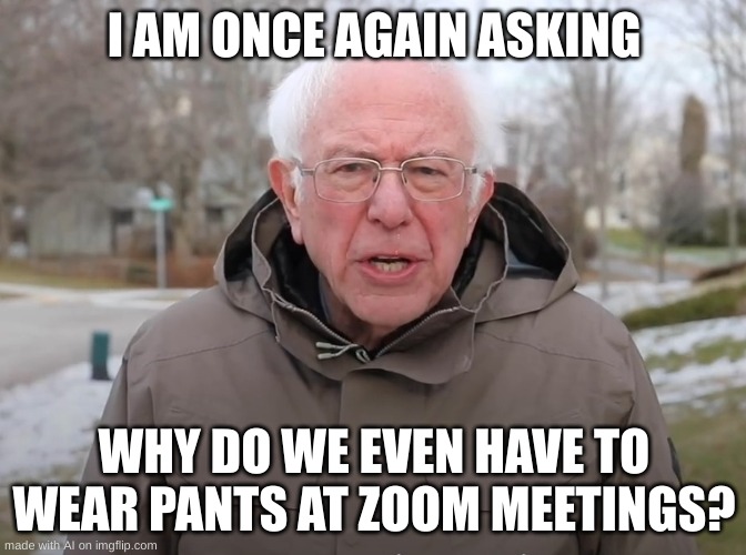 Zoom Be Like: | I AM ONCE AGAIN ASKING; WHY DO WE EVEN HAVE TO WEAR PANTS AT ZOOM MEETINGS? | image tagged in bernie sanders once again asking | made w/ Imgflip meme maker