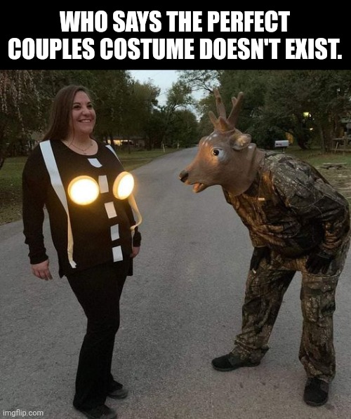 Perfect Costume | WHO SAYS THE PERFECT COUPLES COSTUME DOESN'T EXIST. | image tagged in deer and headlights | made w/ Imgflip meme maker