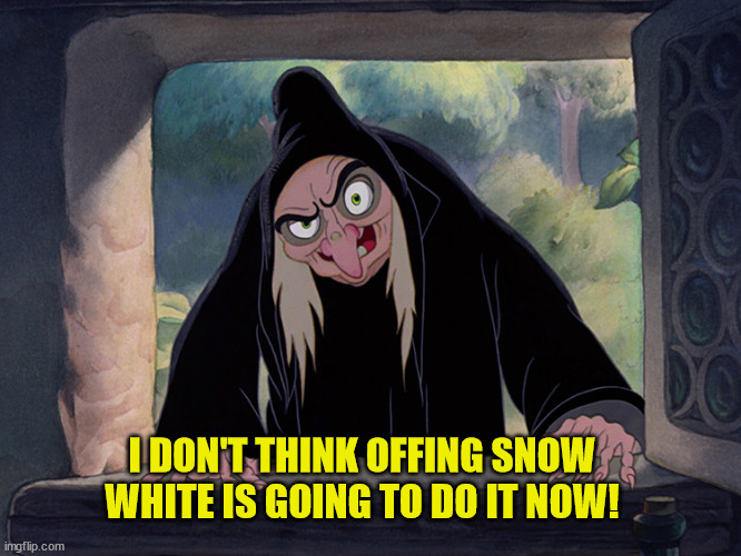 Fatal Flaw in the Evil Queen's Plan | I DON'T THINK OFFING SNOW WHITE IS GOING TO DO IT NOW! | image tagged in wicked witch evil queen disney snow white,ugly,flawed plan,never the fairest,witch,self-sabotage | made w/ Imgflip meme maker