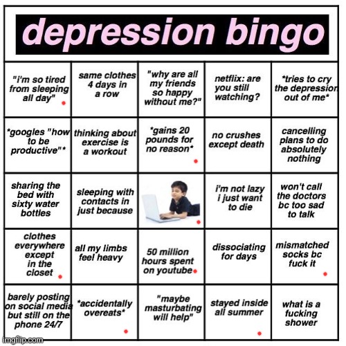 Guh | image tagged in depression bingo | made w/ Imgflip meme maker