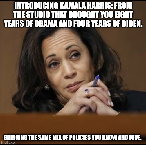 Part Three | INTRODUCING KAMALA HARRIS: FROM THE STUDIO THAT BROUGHT YOU EIGHT YEARS OF OBAMA AND FOUR YEARS OF BIDEN. BRINGING THE SAME MIX OF POLICIES YOU KNOW AND LOVE. | image tagged in kamala harris | made w/ Imgflip meme maker