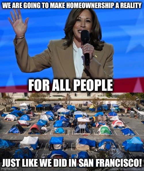 WE ARE GOING TO MAKE HOMEOWNERSHIP A REALITY; FOR ALL PEOPLE; JUST LIKE WE DID IN SAN FRANCISCO! | image tagged in kamala harris,election 2024,donald trump,stupid liberals,liberal logic,liberal hypocrisy | made w/ Imgflip meme maker