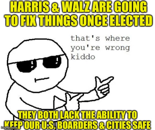 Let’s cut through the nonsense. | HARRIS & WALZ ARE GOING TO FIX THINGS ONCE ELECTED; THEY BOTH LACK THE ABILITY TO KEEP OUR U.S. BOARDERS & CITIES SAFE | image tagged in that's where you're wrong kiddo | made w/ Imgflip meme maker