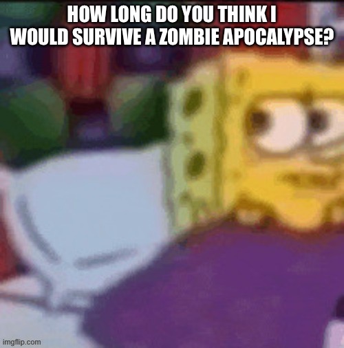 I know how to cook,clean rain water,make fire with sticks,how to hollow out logs,make teepees and i have a knife. | HOW LONG DO YOU THINK I WOULD SURVIVE A ZOMBIE APOCALYPSE? | image tagged in erm what the freak | made w/ Imgflip meme maker